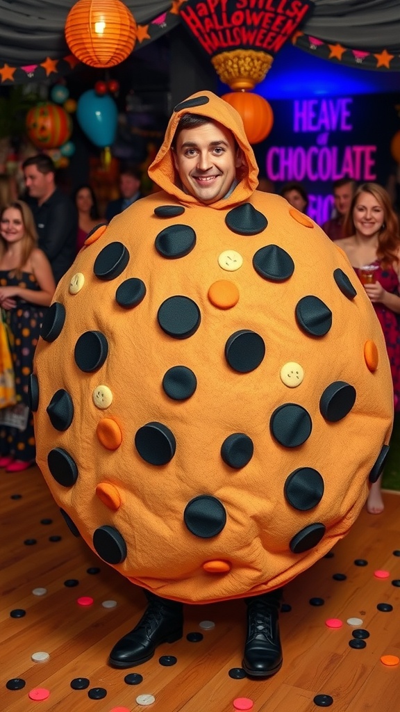 A person wearing a cookie costume at a Halloween party, showcasing a large round costume with chocolate chip details.